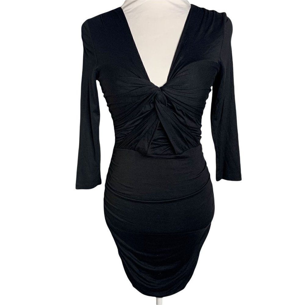 Vintage Wyatt Ruched Bodycon Midi Dress XS Black 3/4 Sleeve V Neck Knot Bust
